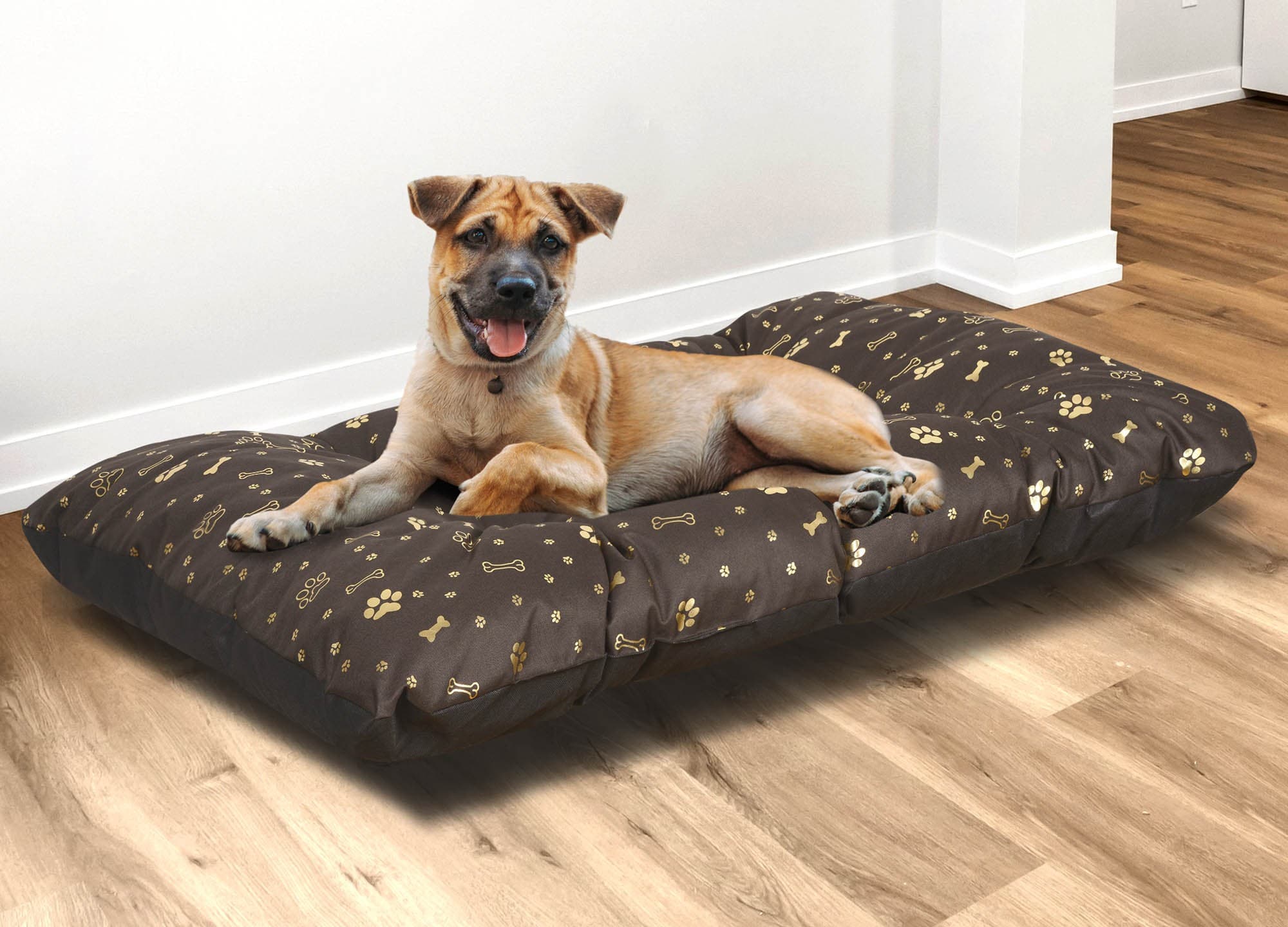 Legowisko dla psa PODUSZKA 120x80 cm Wodoodporna Kości Złote